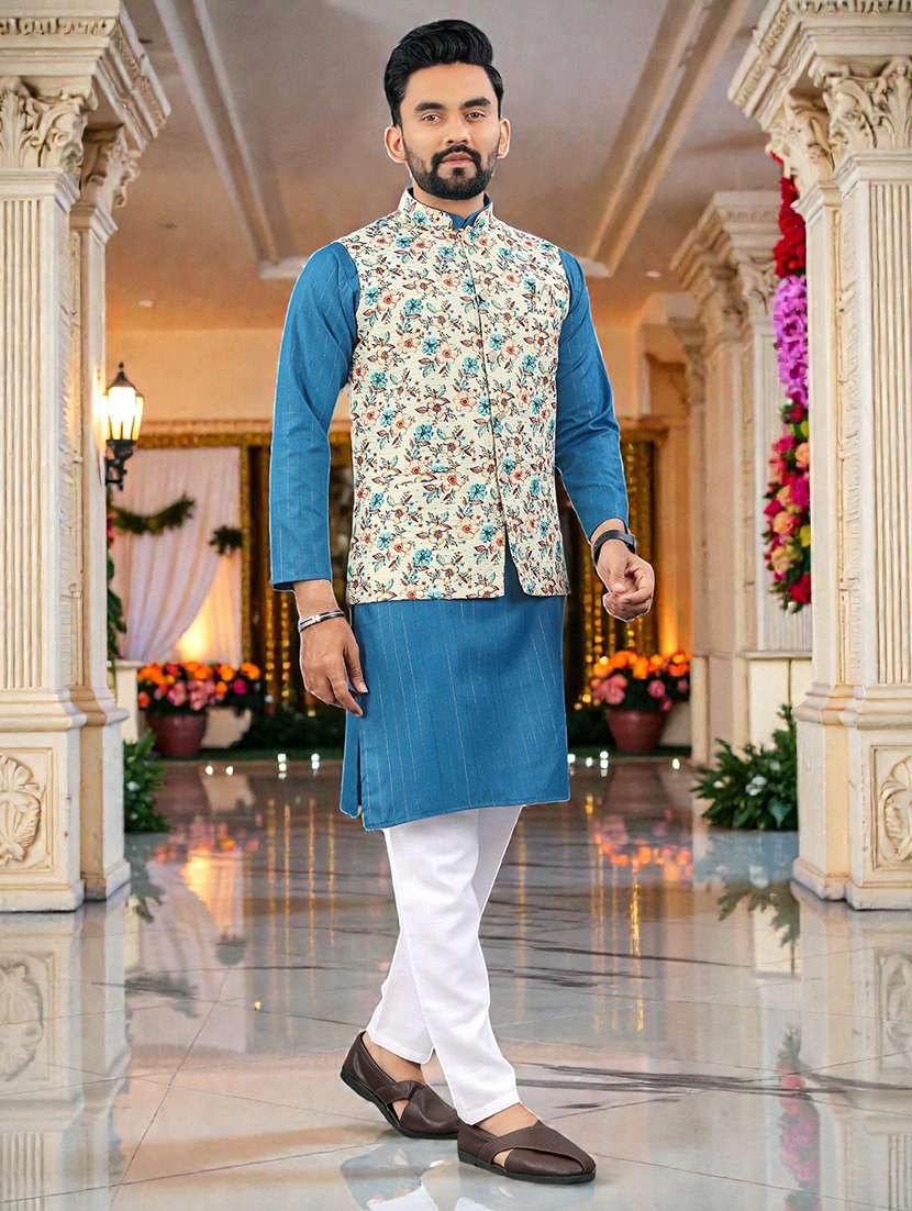 men printed mandarin neck kurta pyjama with jacket set - 22595059 -  Standard Image - 2