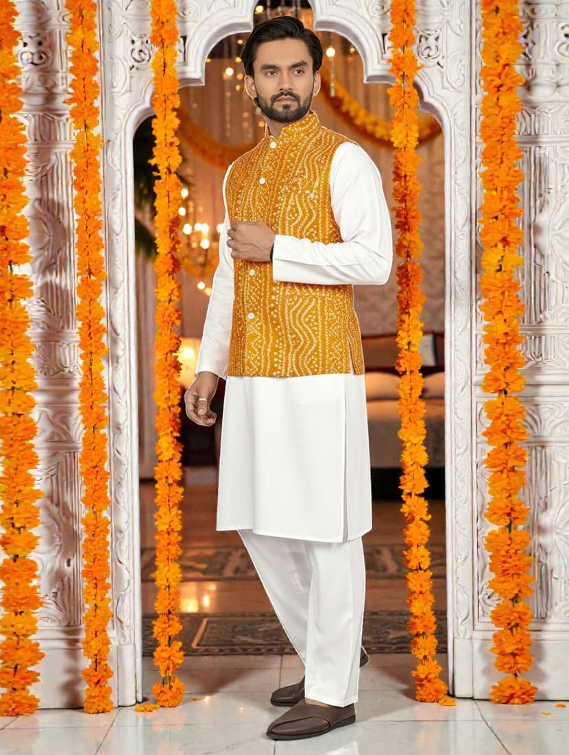 Men Bandhani Printed Mandarin Neck Nehru Jacket - 22595092 -  Standard Image - 2