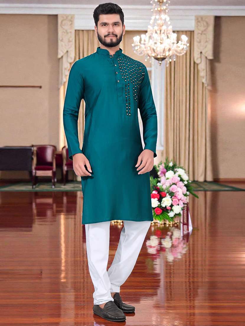 men solid with work mandarin neck long kurta - 22595115 -  Standard Image - 2