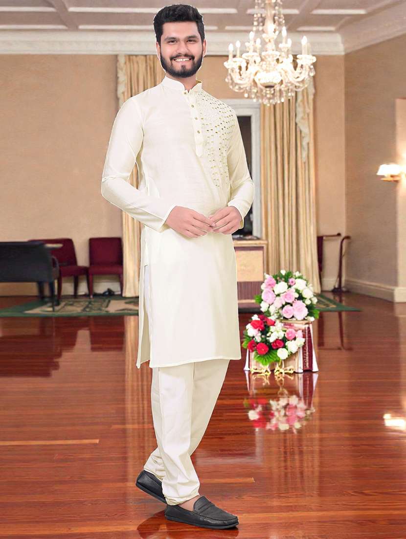 men solid with work mandarin neck long kurta - 22595117 -  Standard Image - 2