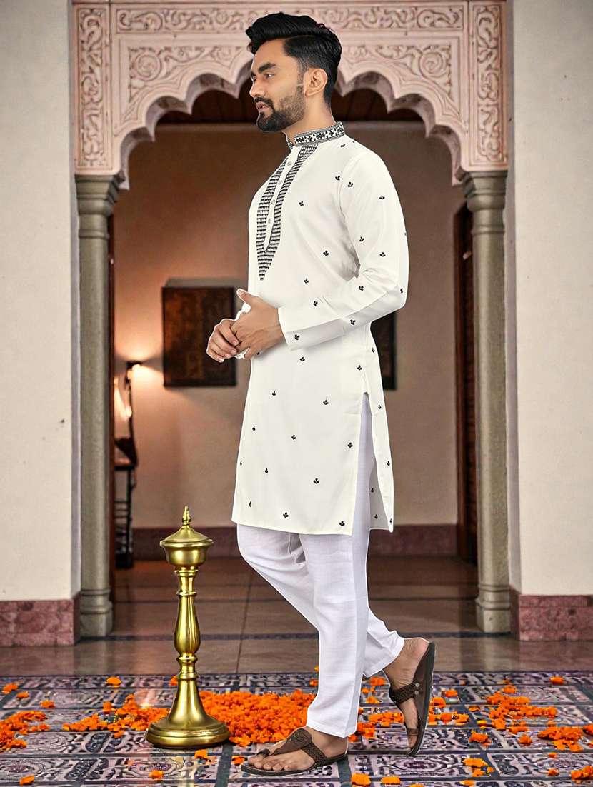 men solid with work mandarin neck long kurta - 22595119 -  Standard Image - 2
