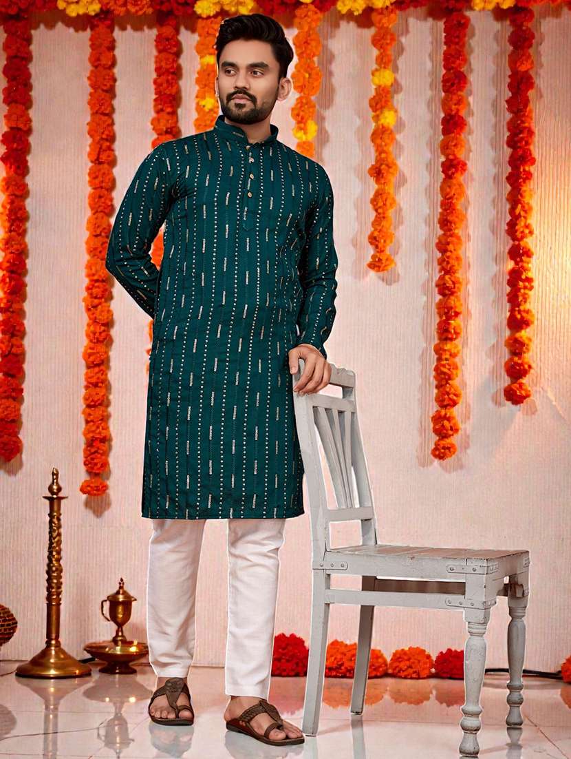 men solid with work mandarin neck long kurta - 22595125 -  Standard Image - 2
