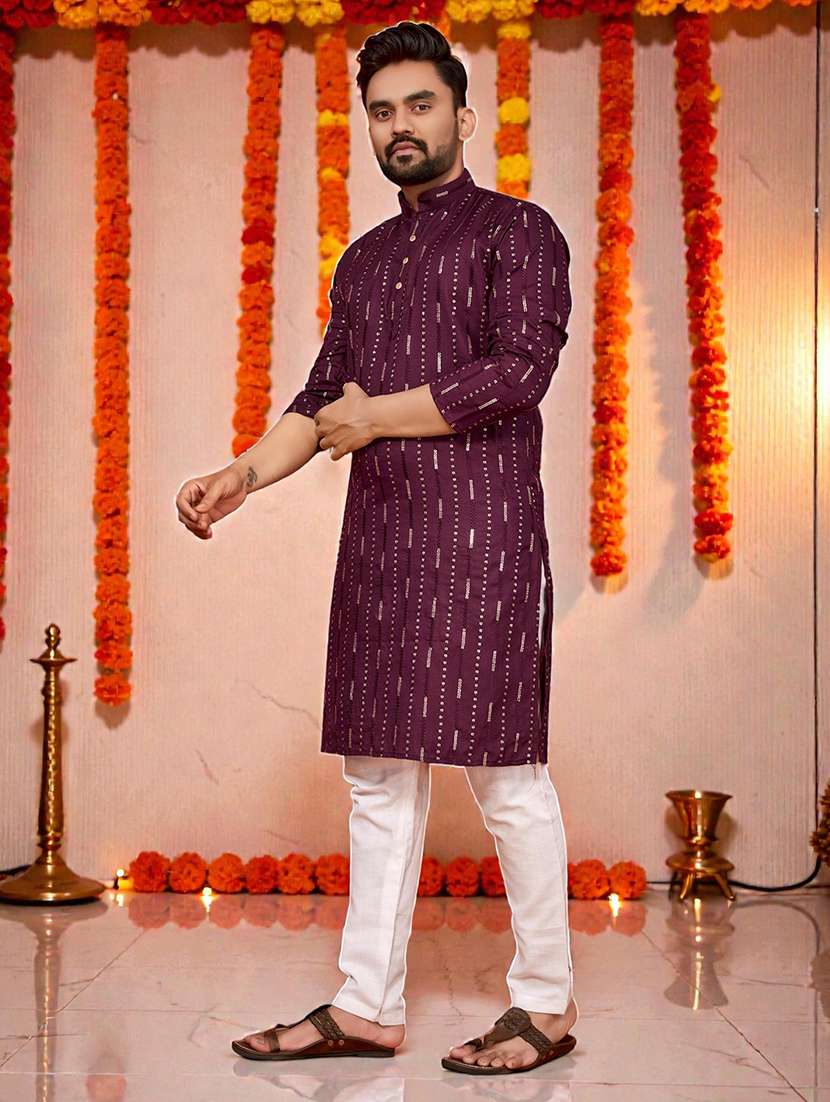 men solid with work mandarin neck long kurta - 22595128 -  Standard Image - 2