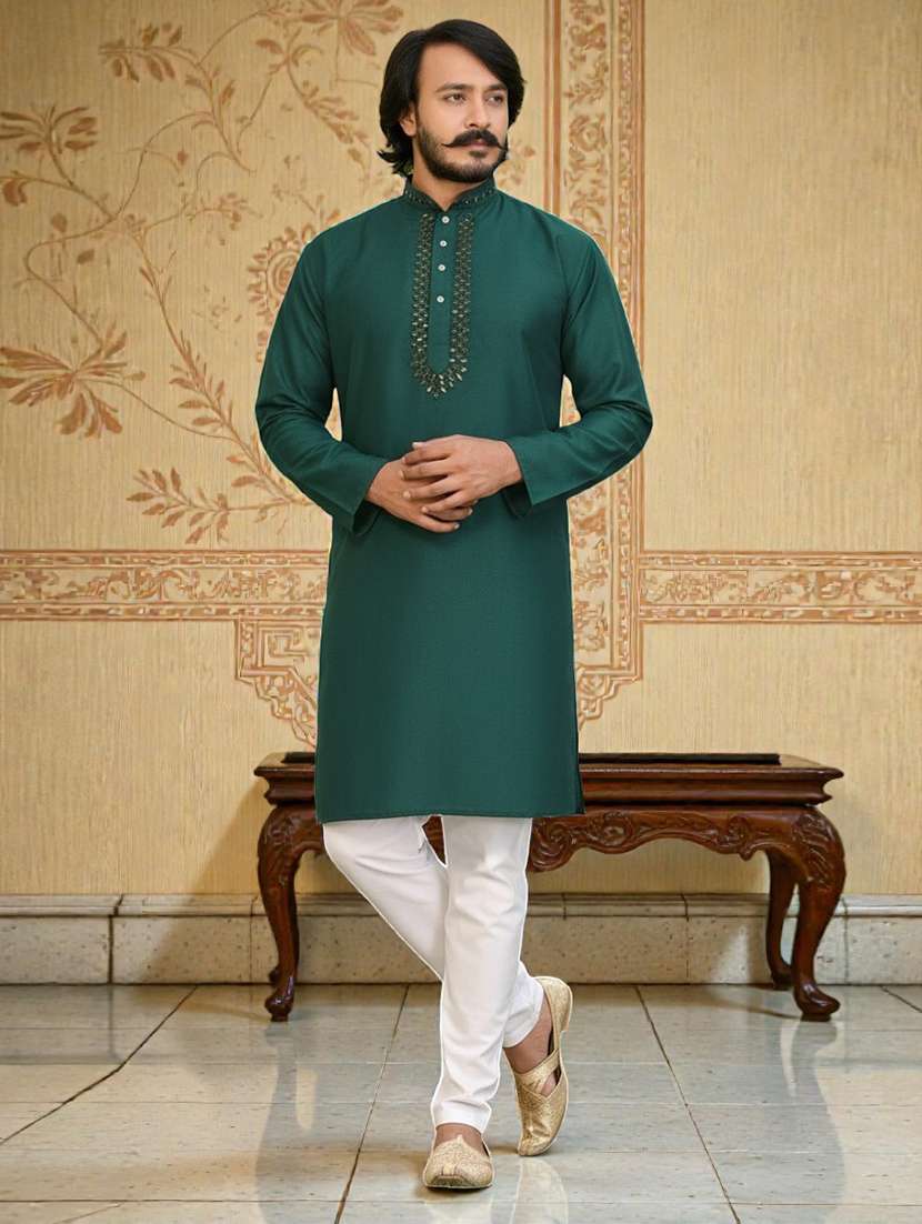 Men Solid With Work Mandarin Neck Long Kurta - 22595130 -  Standard Image - 2