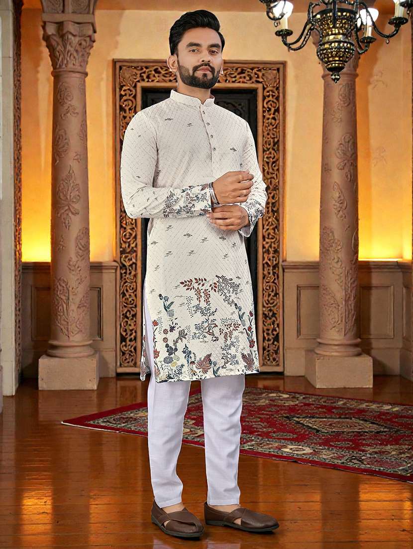 men printed mandarin neck long kurta - 22595141 -  Standard Image - 2