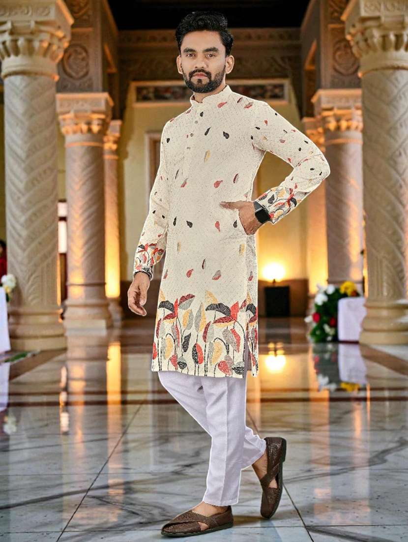 men printed mandarin neck long kurta - 22595146 -  Standard Image - 2