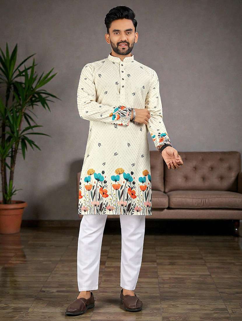 men printed mandarin neck long kurta - 22595150 -  Standard Image - 2