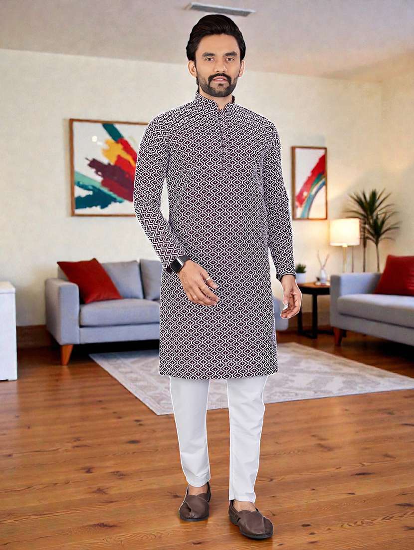 Men Solid With Work Mandarin Neck Long Kurta - 22595163 -  Standard Image - 2
