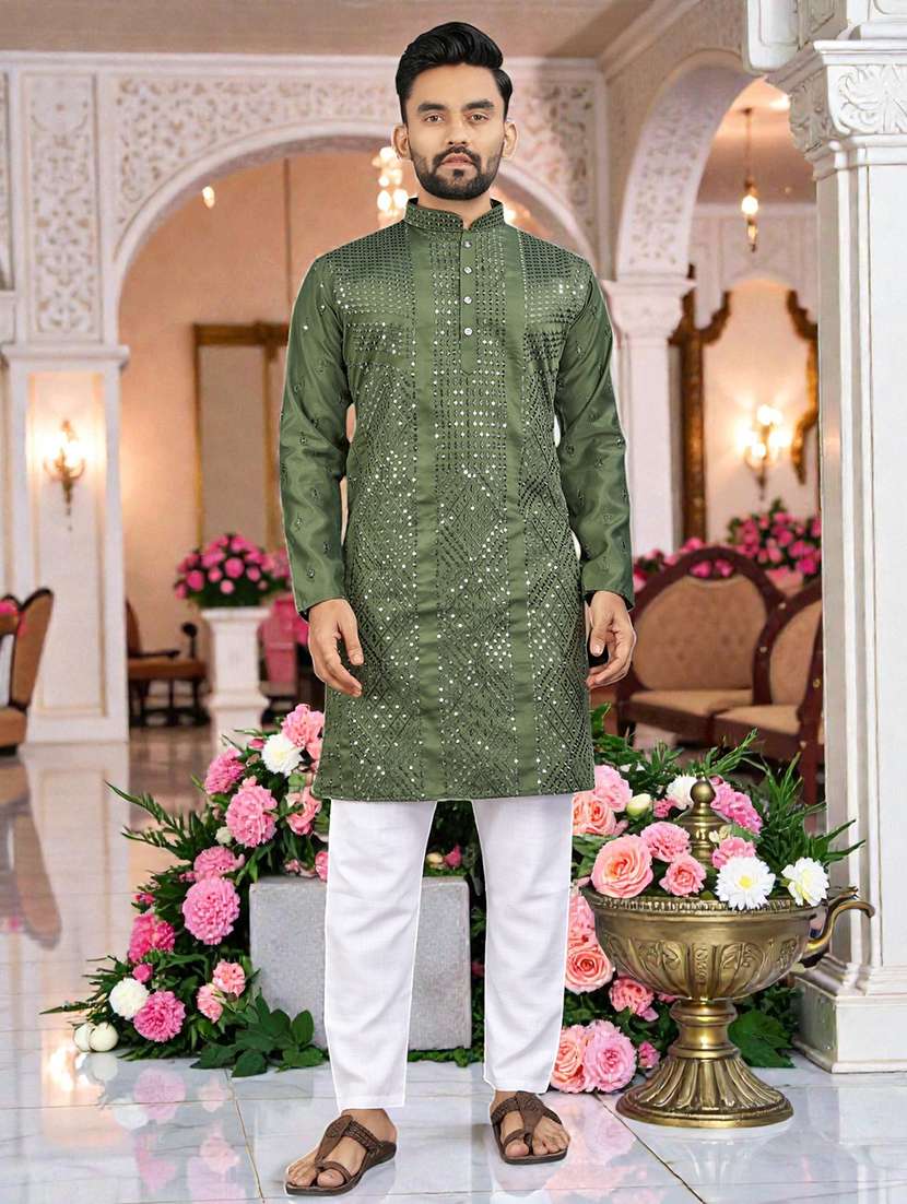 men solid with work mandarin neck long kurta - 22595178 -  Standard Image - 2