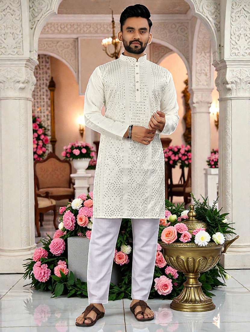 men solid with work mandarin neck long kurta - 22595179 -  Standard Image - 2