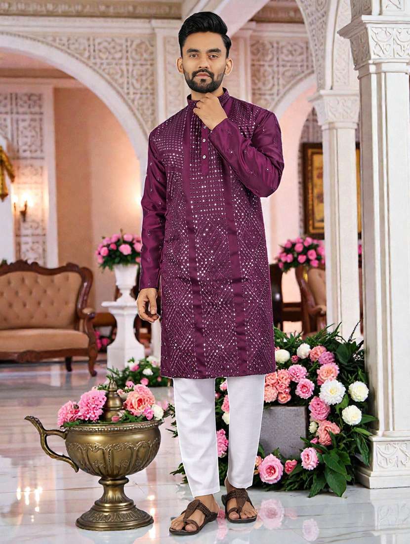 men solid with work mandarin neck long kurta - 22595180 -  Standard Image - 2