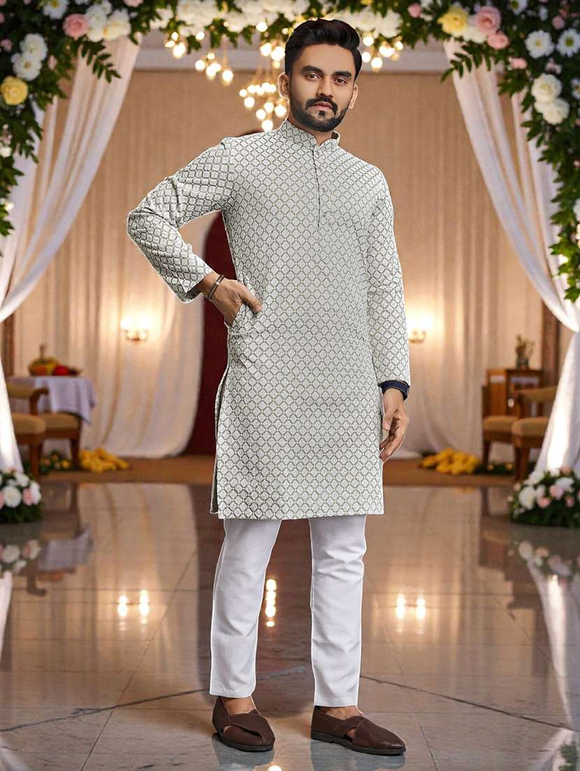 Men Solid With Work Mandarin Neck Long Kurta - 22595185 -  Standard Image - 2