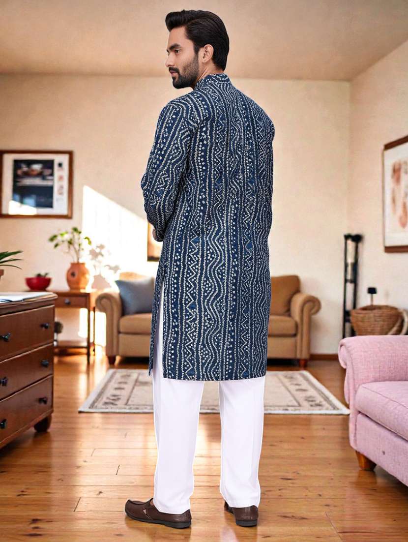 men bandhani printed mandarin neck long kurta - 22595199 -  Standard Image - 2