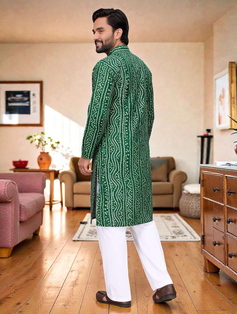 men bandhani printed mandarin neck long kurta - 22595200 -  Standard Image - 2