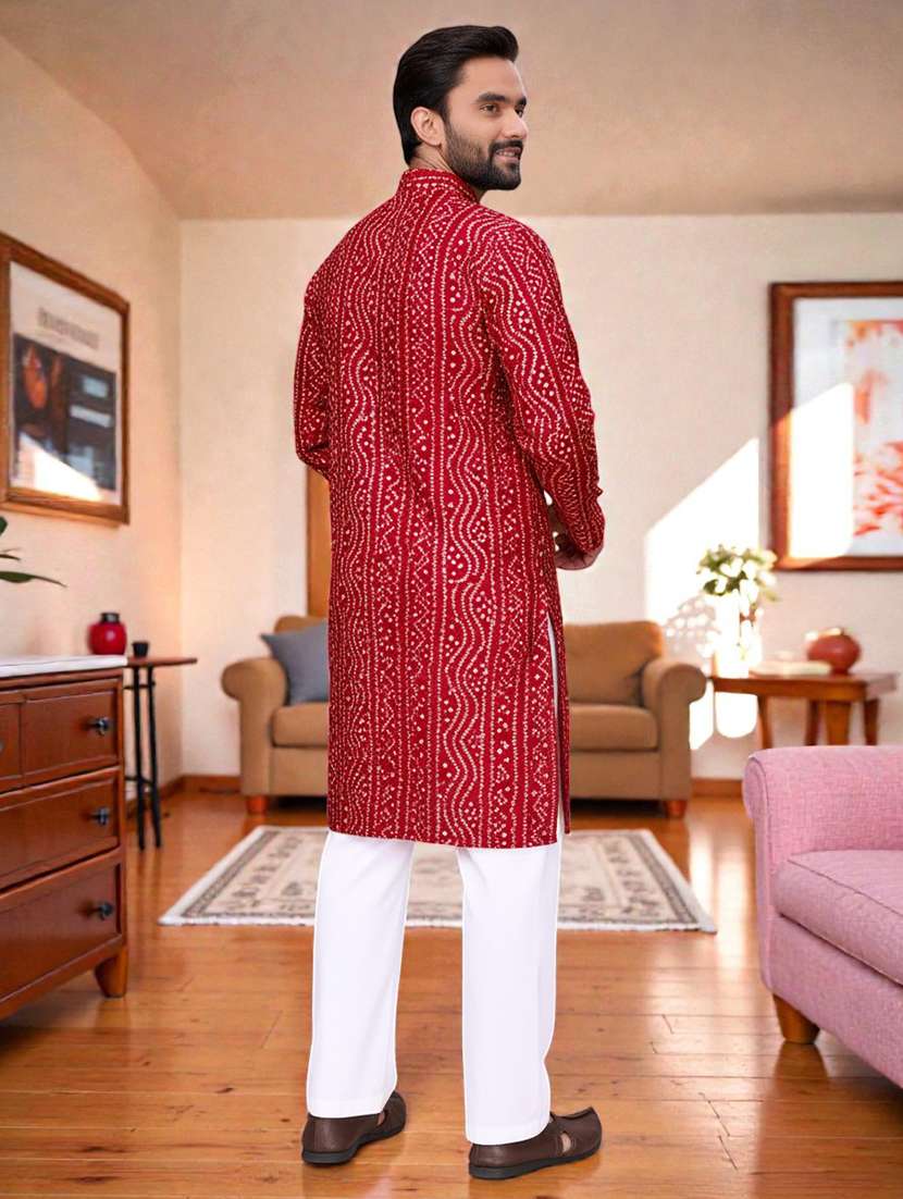 men bandhani printed mandarin neck long kurta - 22595205 -  Standard Image - 2