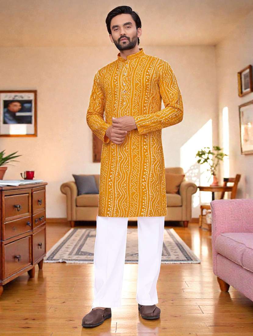 men bandhani printed mandarin neck long kurta - 22595208 -  Standard Image - 2