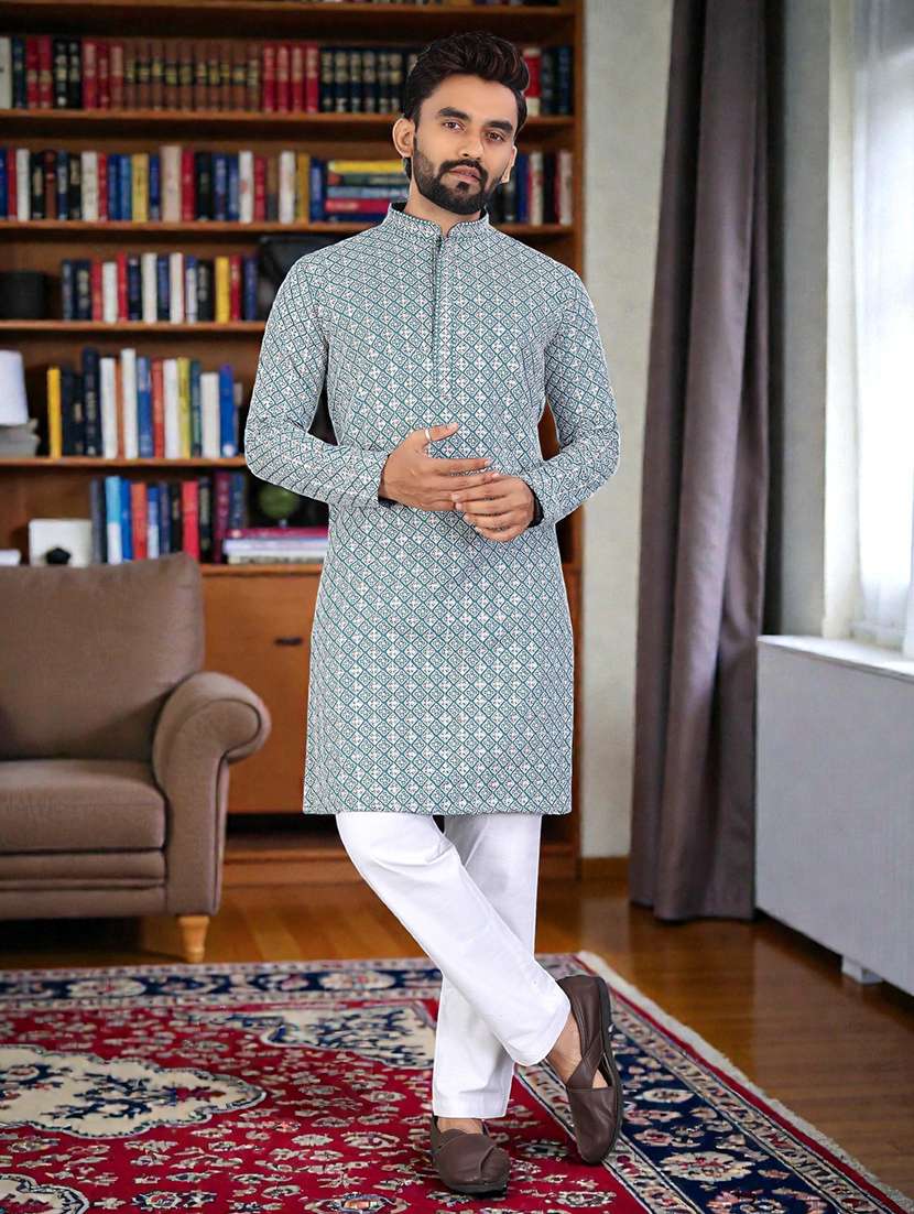 men solid with work mandarin neck long kurta