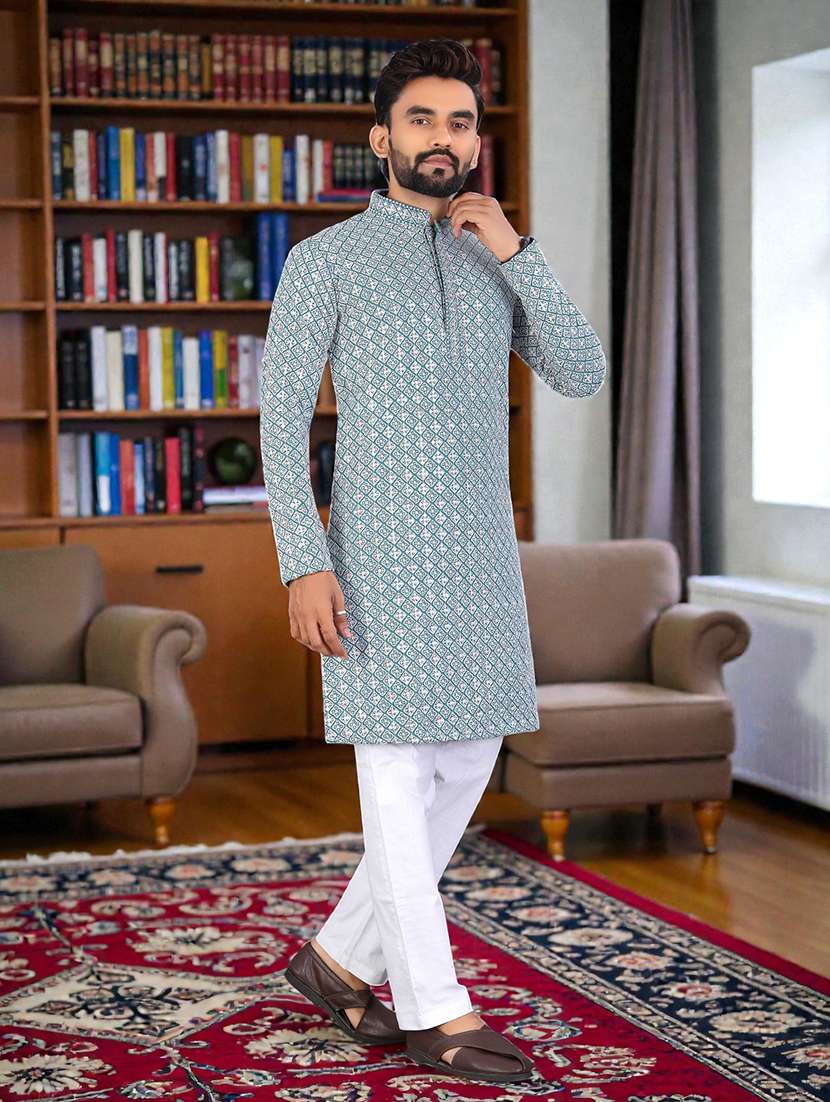 men solid with work mandarin neck long kurta - 22595218 -  Standard Image - 2