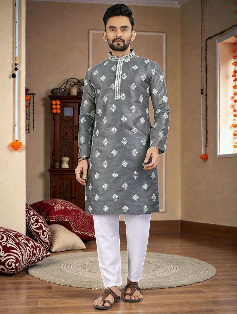 men solid with work mandarin neck long kurta - 22595252 -  Standard Image - 2