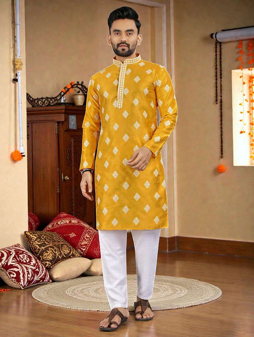 Men Solid With Work Mandarin Neck Long Kurta - 22595255 -  Standard Image - 2