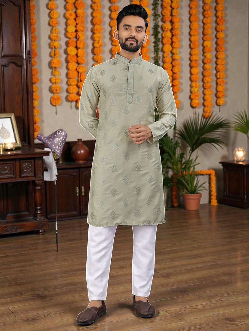 Men Solid With Work Mandarin Neck Long Kurta - 22595256 -  Standard Image - 2