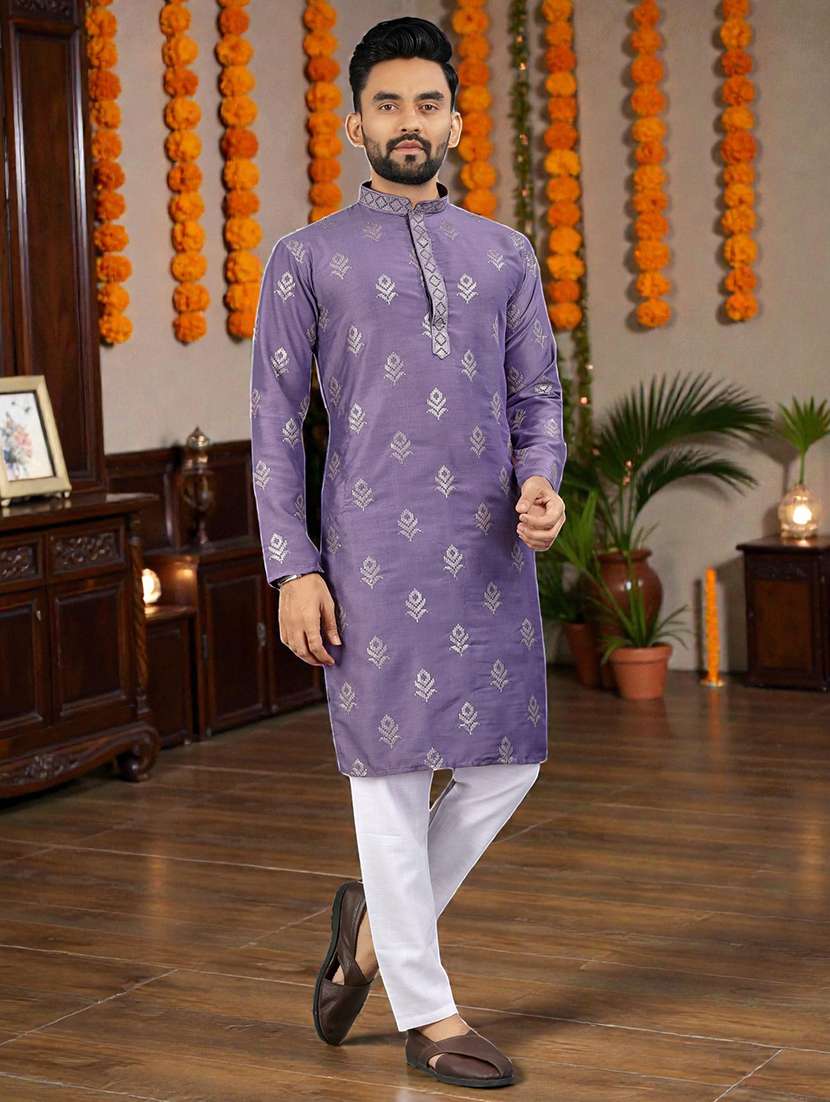 men solid with work mandarin neck long kurta - 22595258 -  Standard Image - 2
