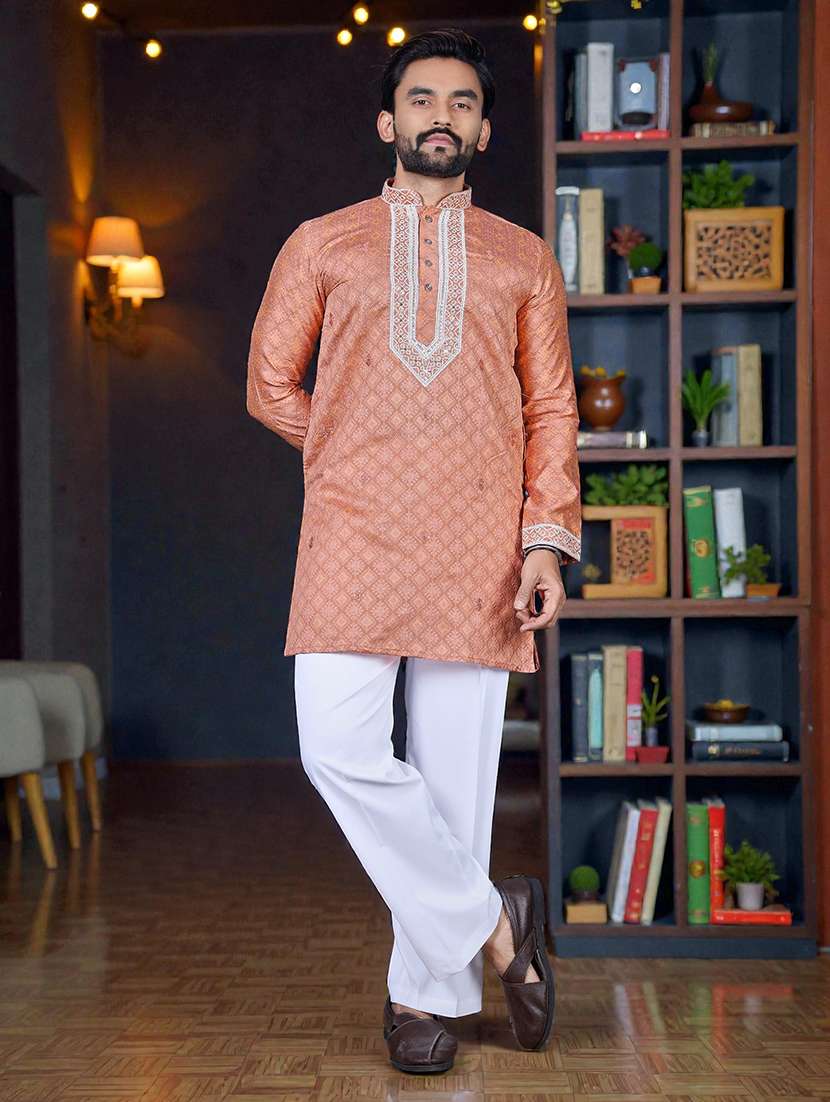 men printed mandarin neck short kurta