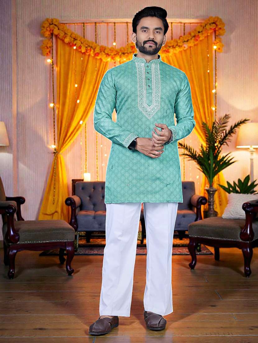 men printed mandarin neck short kurta