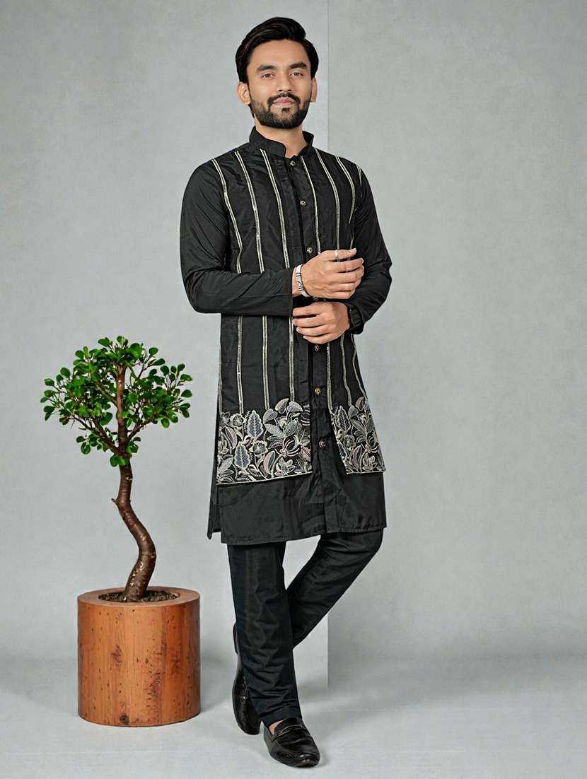 Men Solid With Work Mandarin Neck Long Kurta - 22595265 -  Standard Image - 2