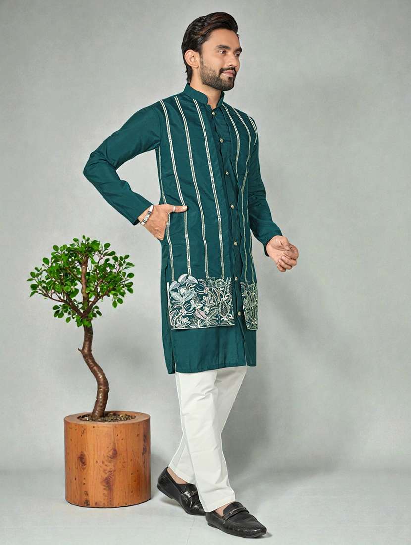 Men Solid With Work Mandarin Neck Long Kurta - 22595266 -  Standard Image - 2