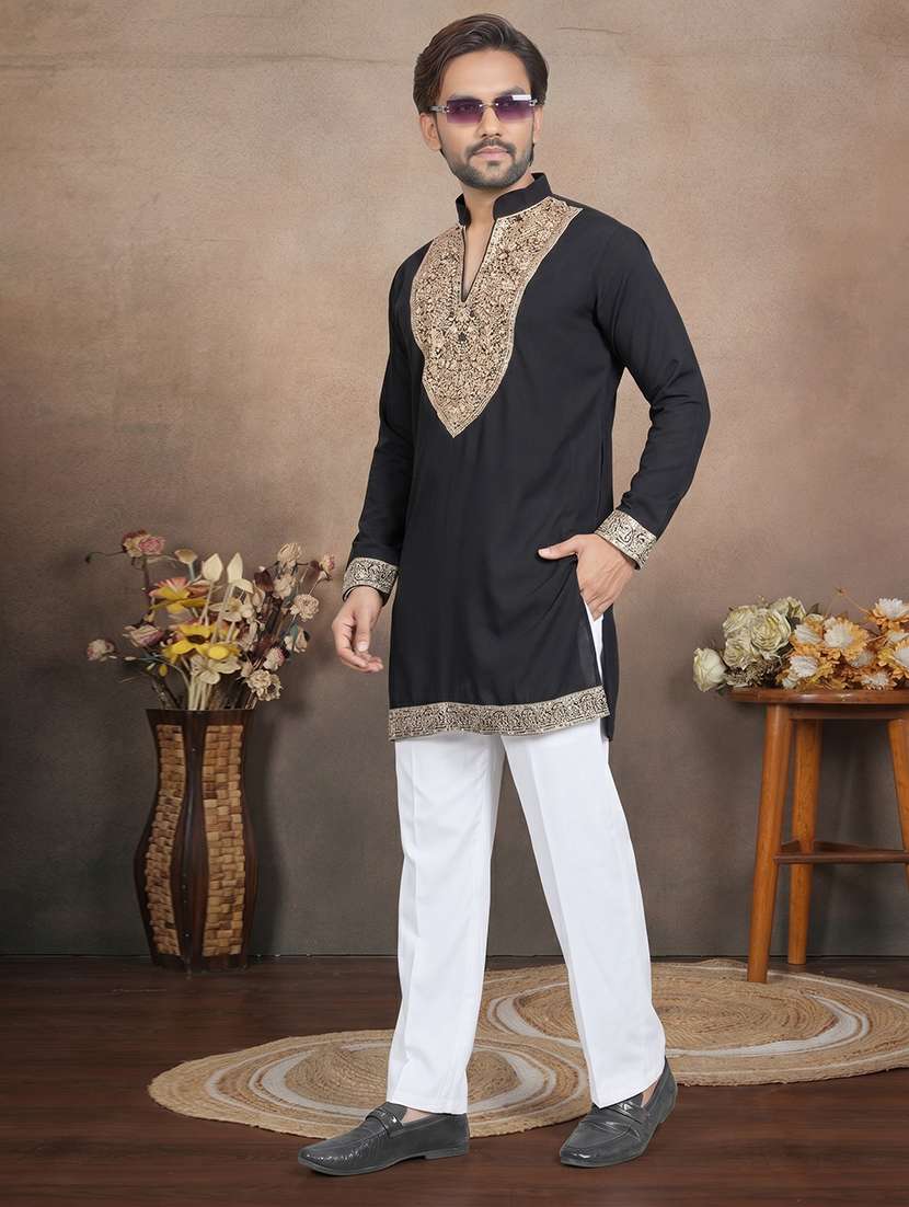 men solid with work mandarin neck short kurta - 22595274 -  Standard Image - 2