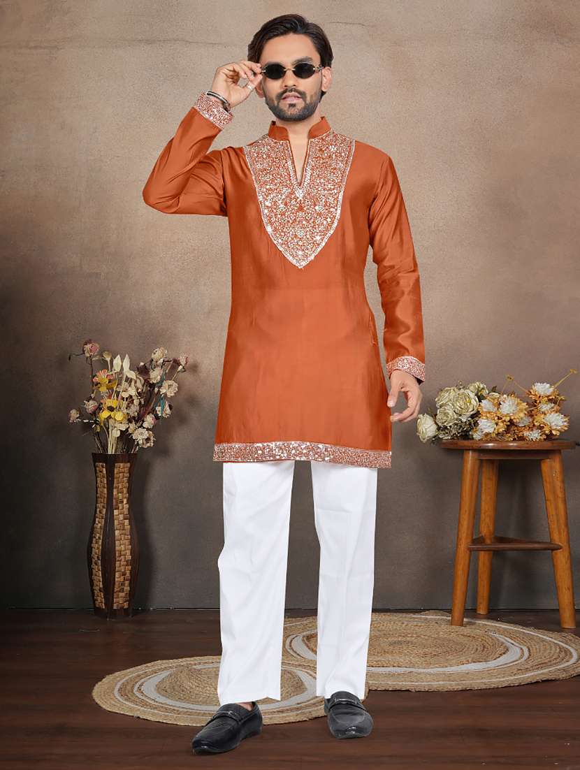 men solid with work mandarin neck short kurta