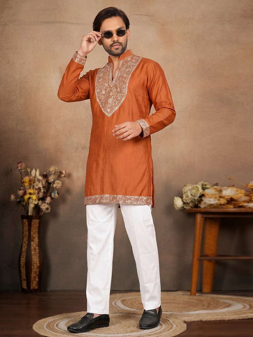 men solid with work mandarin neck short kurta - 22595275 -  Standard Image - 2