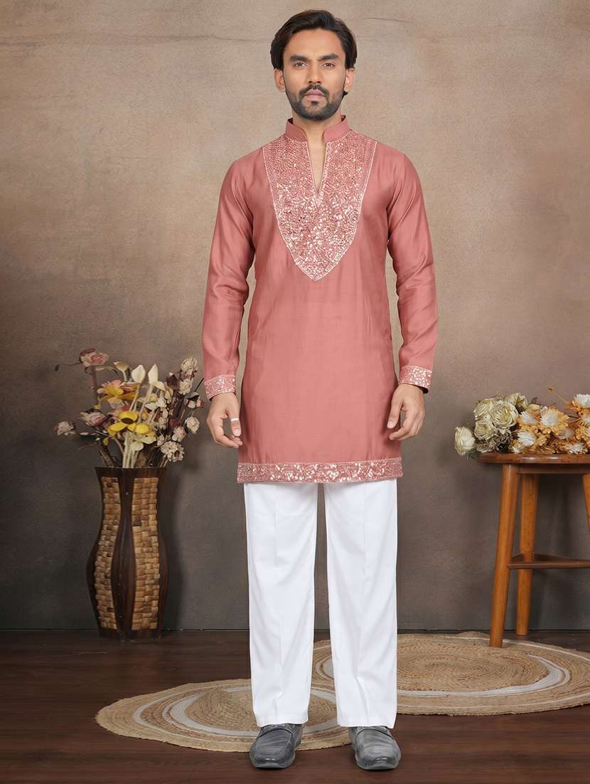 men solid with work mandarin neck short kurta - 22595276 -  Standard Image - 2