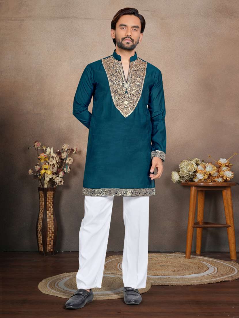men solid with work mandarin neck short kurta