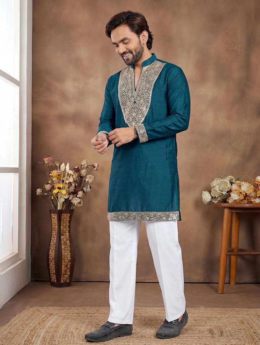 men solid with work mandarin neck short kurta - 22595277 -  Standard Image - 2