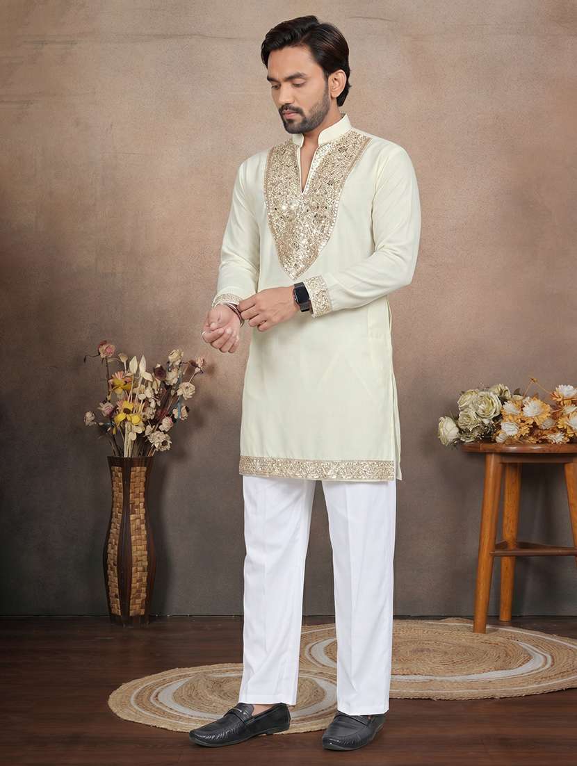 men solid with work mandarin neck short kurta - 22595278 -  Standard Image - 2