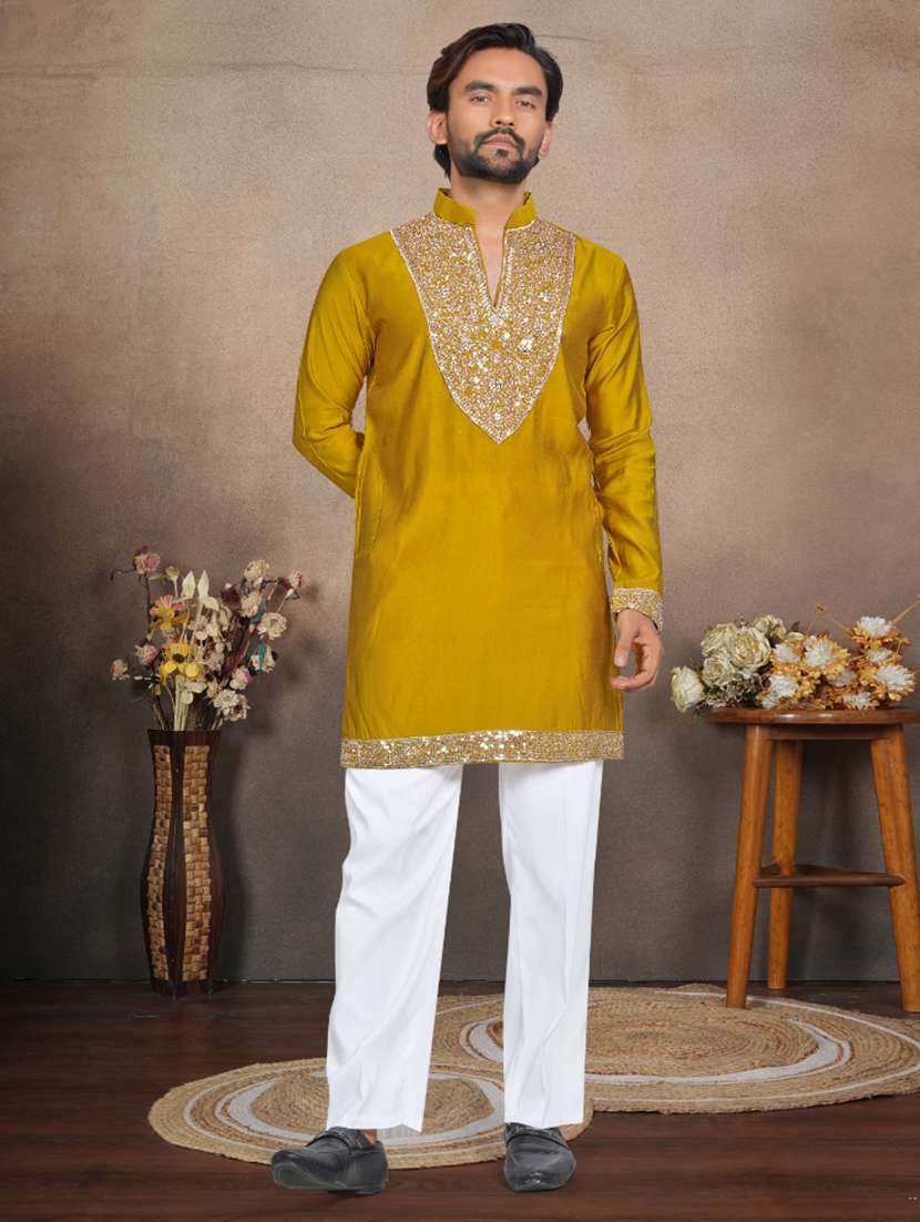 men solid with work mandarin neck short kurta