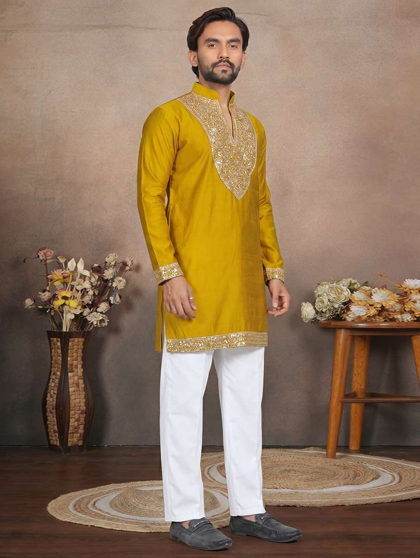 men solid with work mandarin neck short kurta - 22595279 -  Standard Image - 2