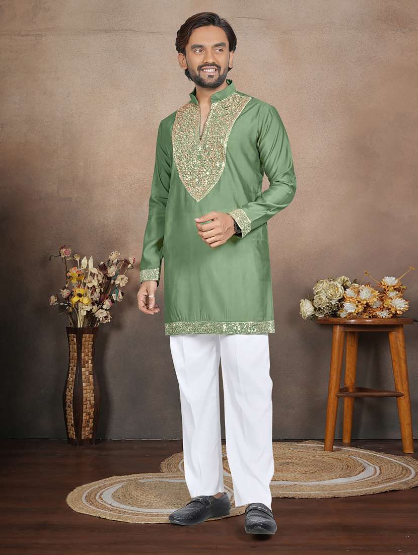 men solid with work mandarin neck short kurta - 22595280 -  Standard Image - 2