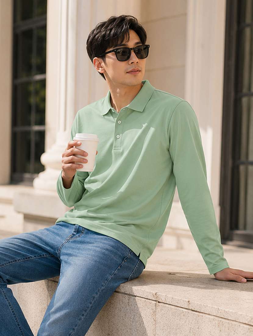 men solid long sleeves polo t-shirt