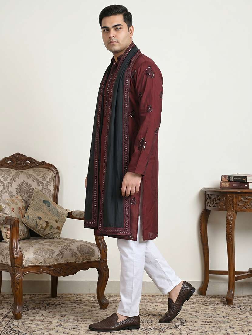 Men Solid With Work Mandarin Neck Kurta Pyjama With Dupatta Set - 22595357 -  Standard Image - 2