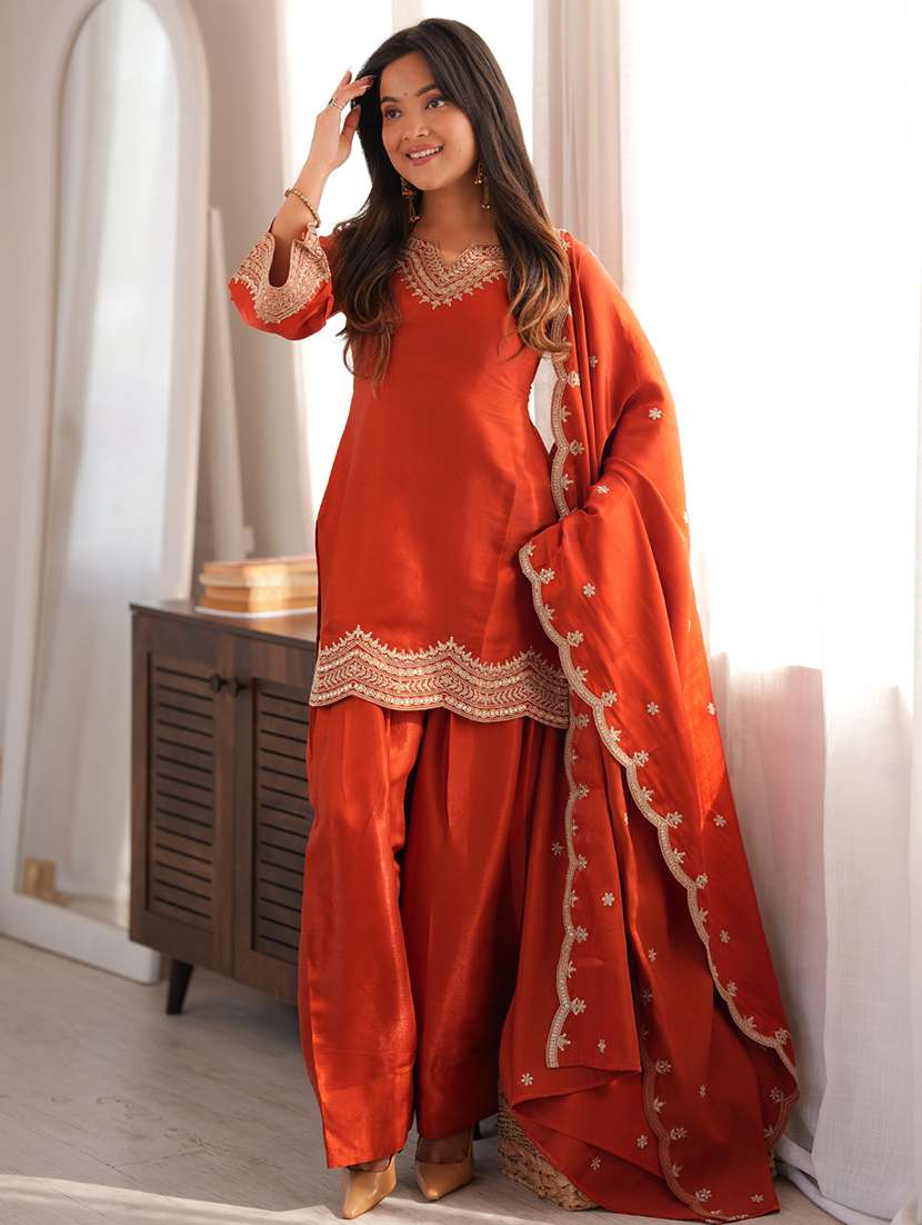 women embroidered three quarter sleeves kurta salwar set with dupatta