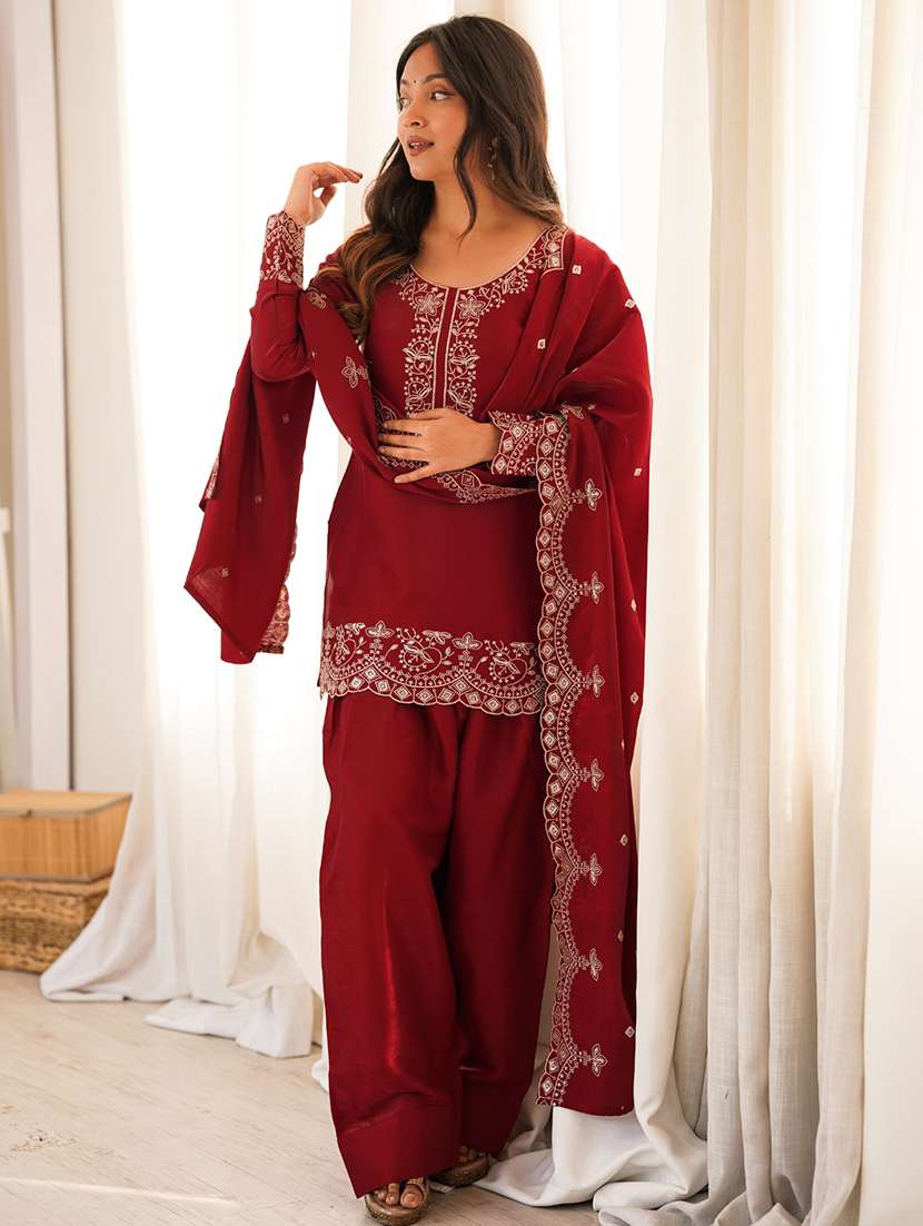 women embroidered three quarter sleeves kurta farshi salwar set with dupatta - 22595383 -  Standard Image - 2
