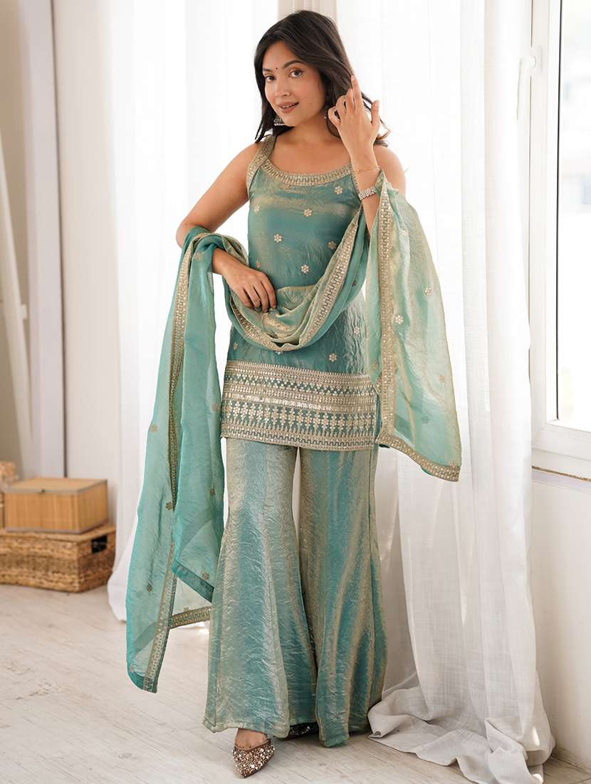 women embroidered sleeveless kurta palazzo set with dupatta - 22595387 -  Standard Image - 2