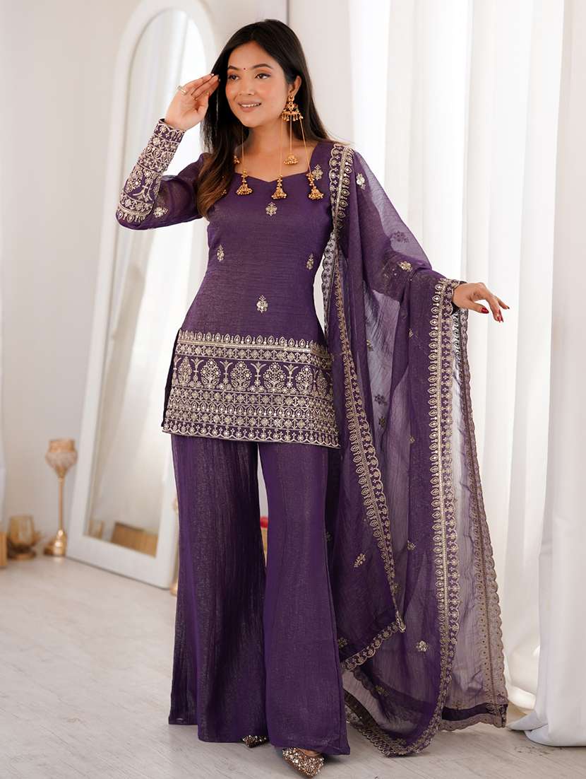 women embroidered long kurta palazzo set with dupatta
