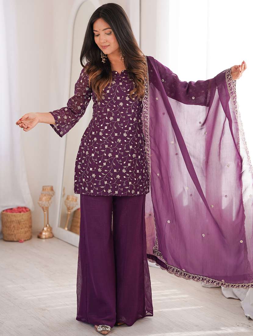 women embroidered three quarter sleeves kurta palazzo set with dupatta - 22595390 -  Standard Image - 2