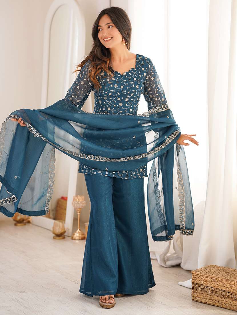 women embroidered three quarter sleeves kurta palazzo set with dupatta - 22595391 -  Standard Image - 2