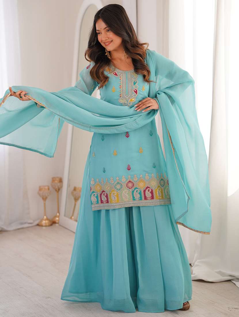 women embroidered long sleeves kurta palazzo set with dupatta