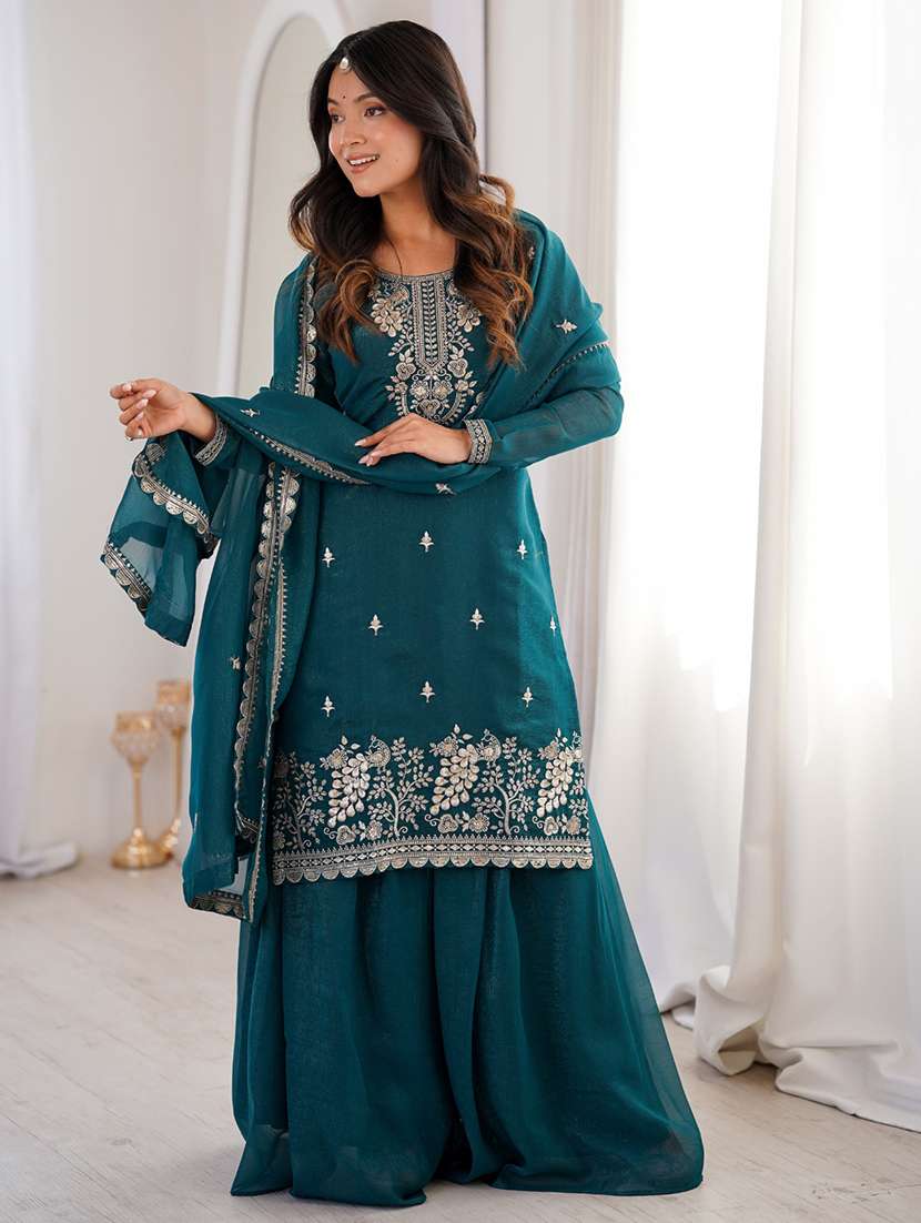 women embroidered long sleeves kurta palazzo set with dupatta